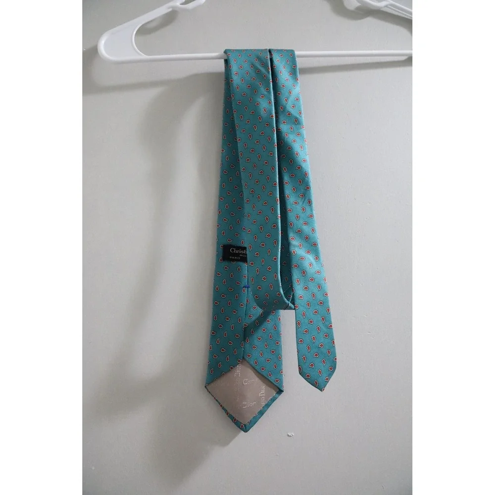 Christian Dior Mens Silk Necktie Teal Green Red White Micro Paisley Logo Lining